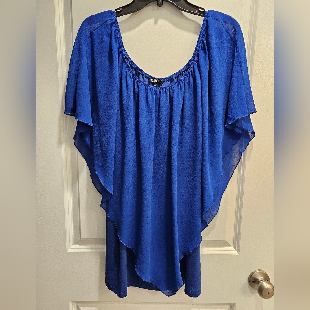 Women's sz 2X Royal Blue Layered Chiffon Flutter Sleeve Tunic‎ Top Spring Summer